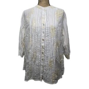 Anii Womens Shirt White Floral Emvroidered Button Up Breathable 100% Cotton